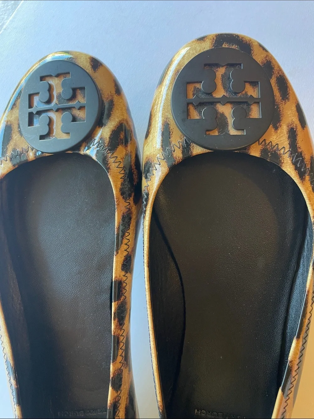 Tory Burch Leopard-Print Reva Ballet Flats - Black & Brown Patent Leather Sz 8